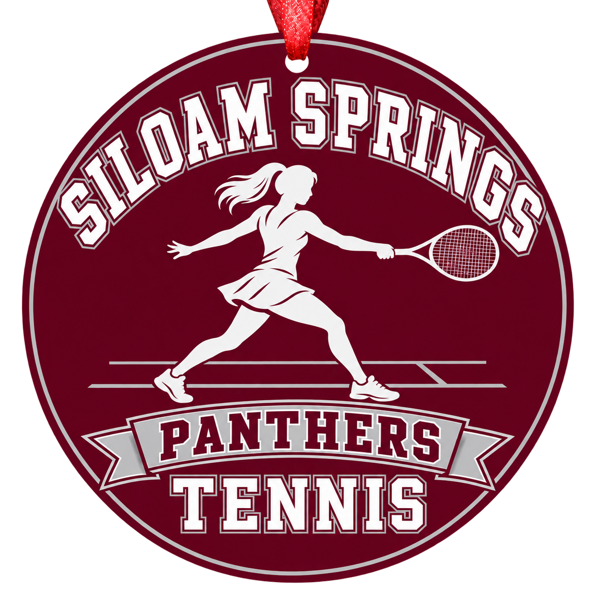 Siloam Springs Panthers Tennis Christmas ornament with tennis player silhouette in maroon and gray, red hanging ribbon.