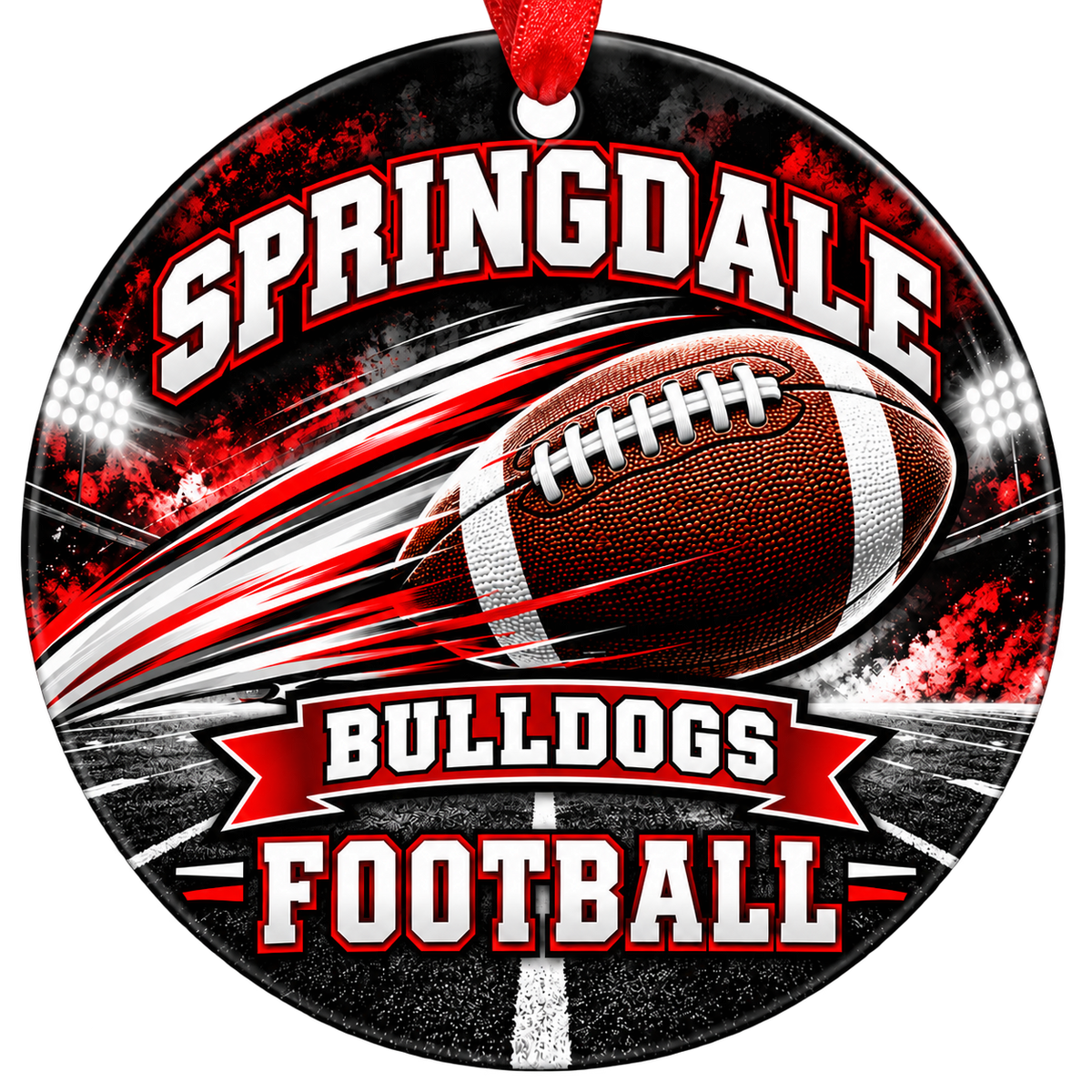 Springdale Bulldogs Football Christmas ornament with football with motion streaks and stadium lights in red, white and black, red hanging ribbon.