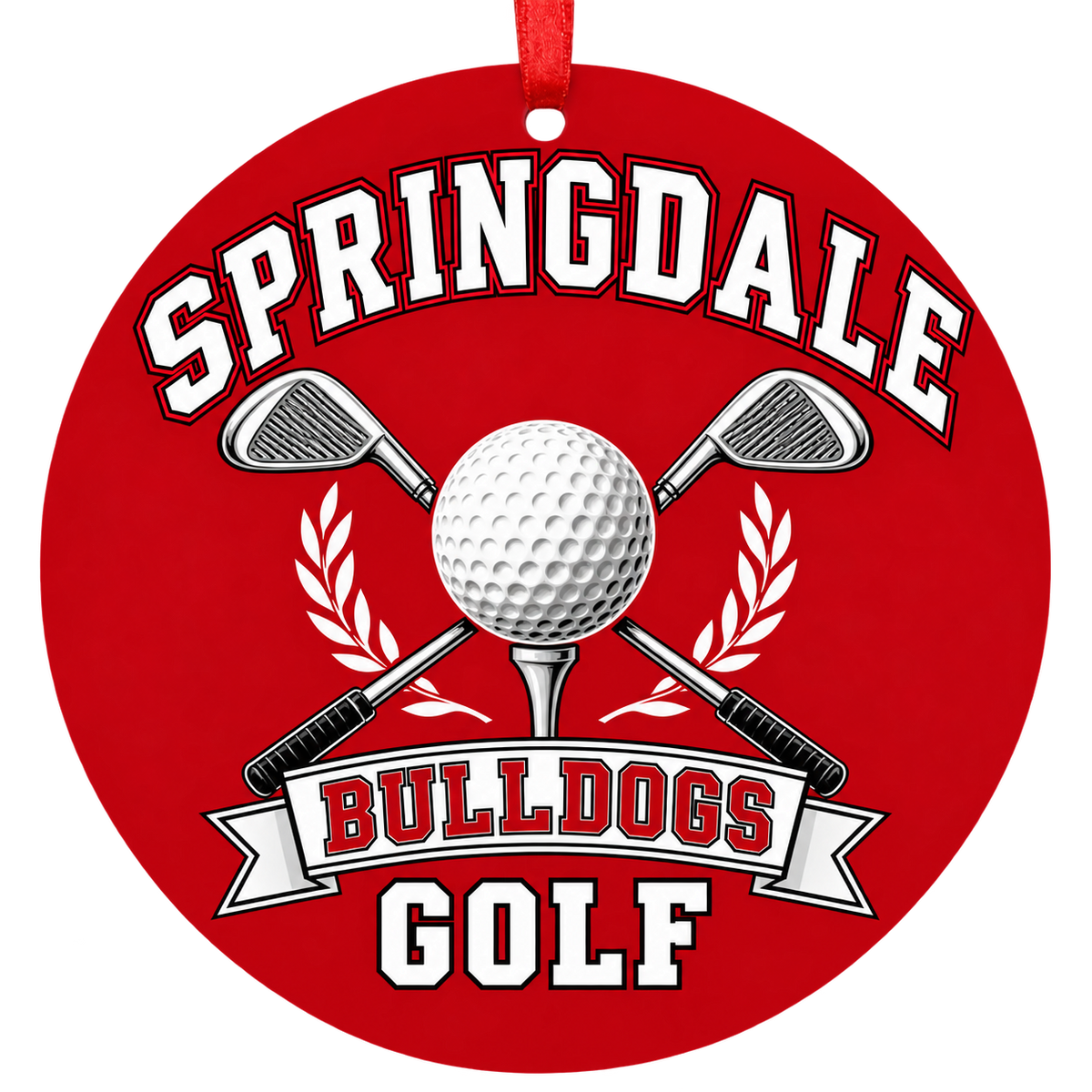 Springdale Bulldogs Golf Christmas ornament with golf ball and crossed clubs in red, white and black, red hanging ribbon.
