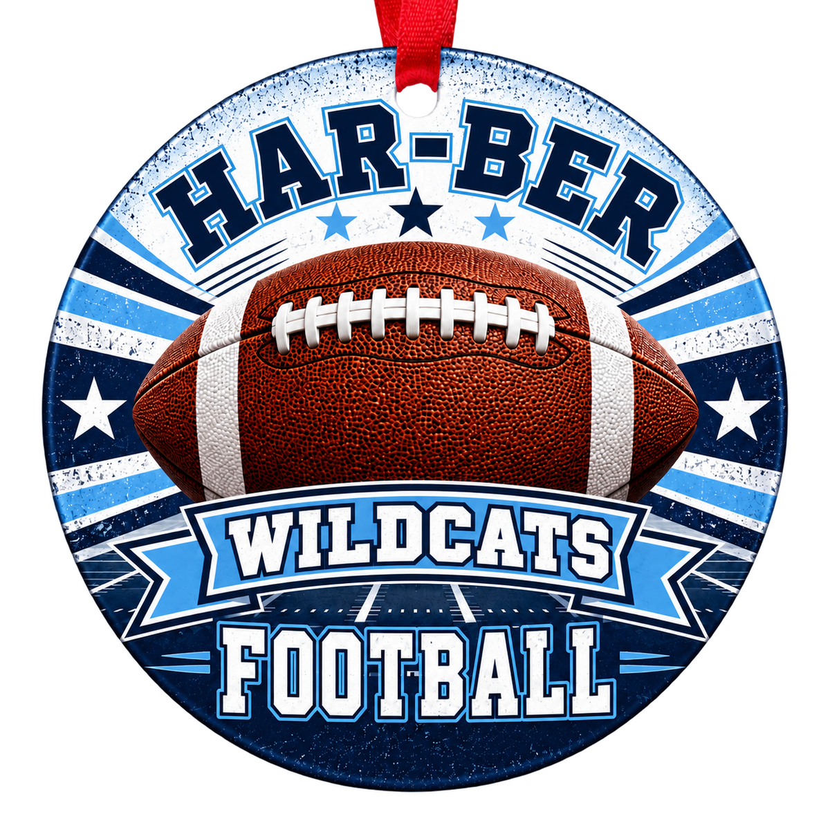 Har-Ber Wildcats Football Christmas ornament with football, stars and field artwork in navy blue and Carolina blue, red hanging ribbon.