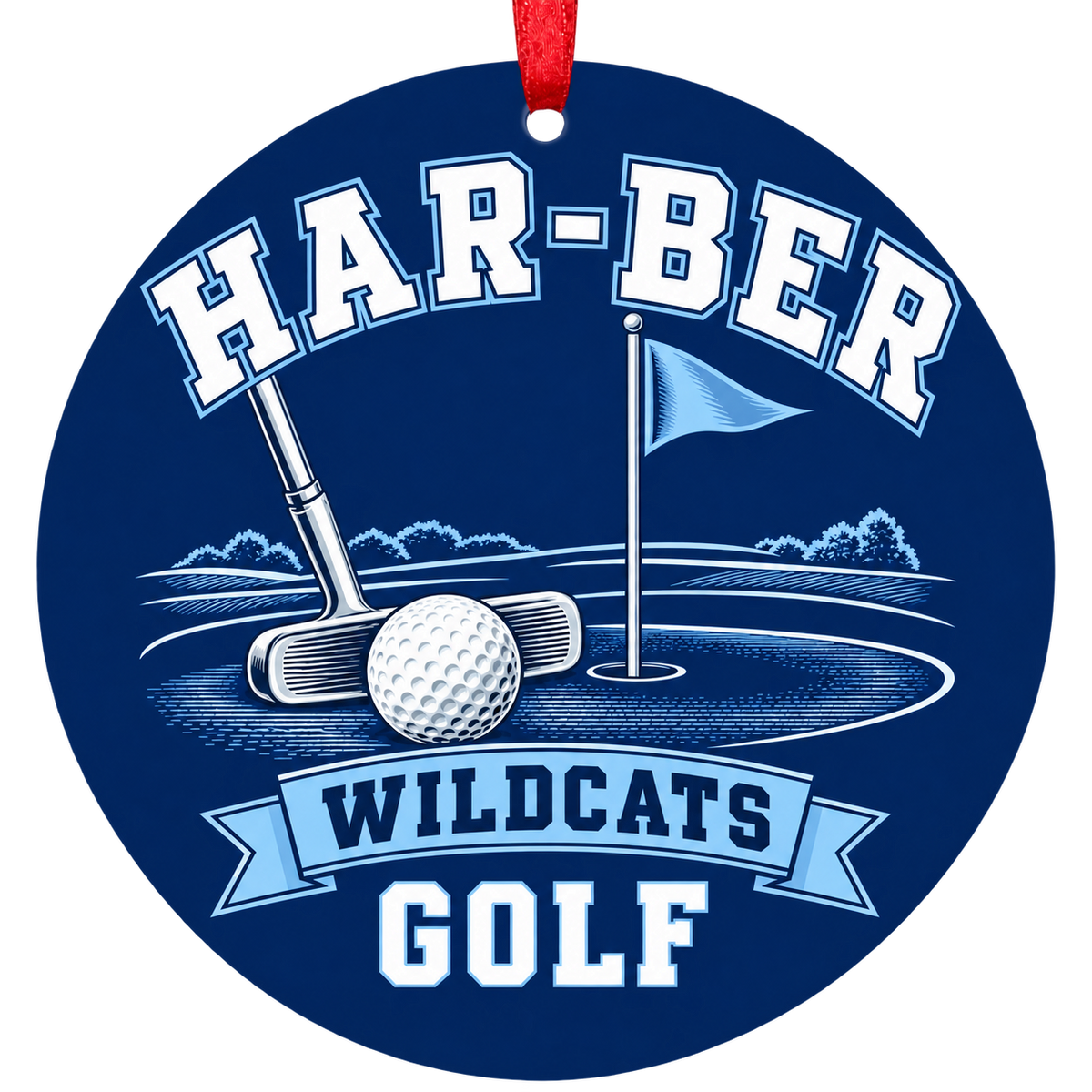 Har-Ber Wildcats Golf Christmas ornament with putter, golf ball and putting green in navy blue and Carolina blue, red hanging ribbon.