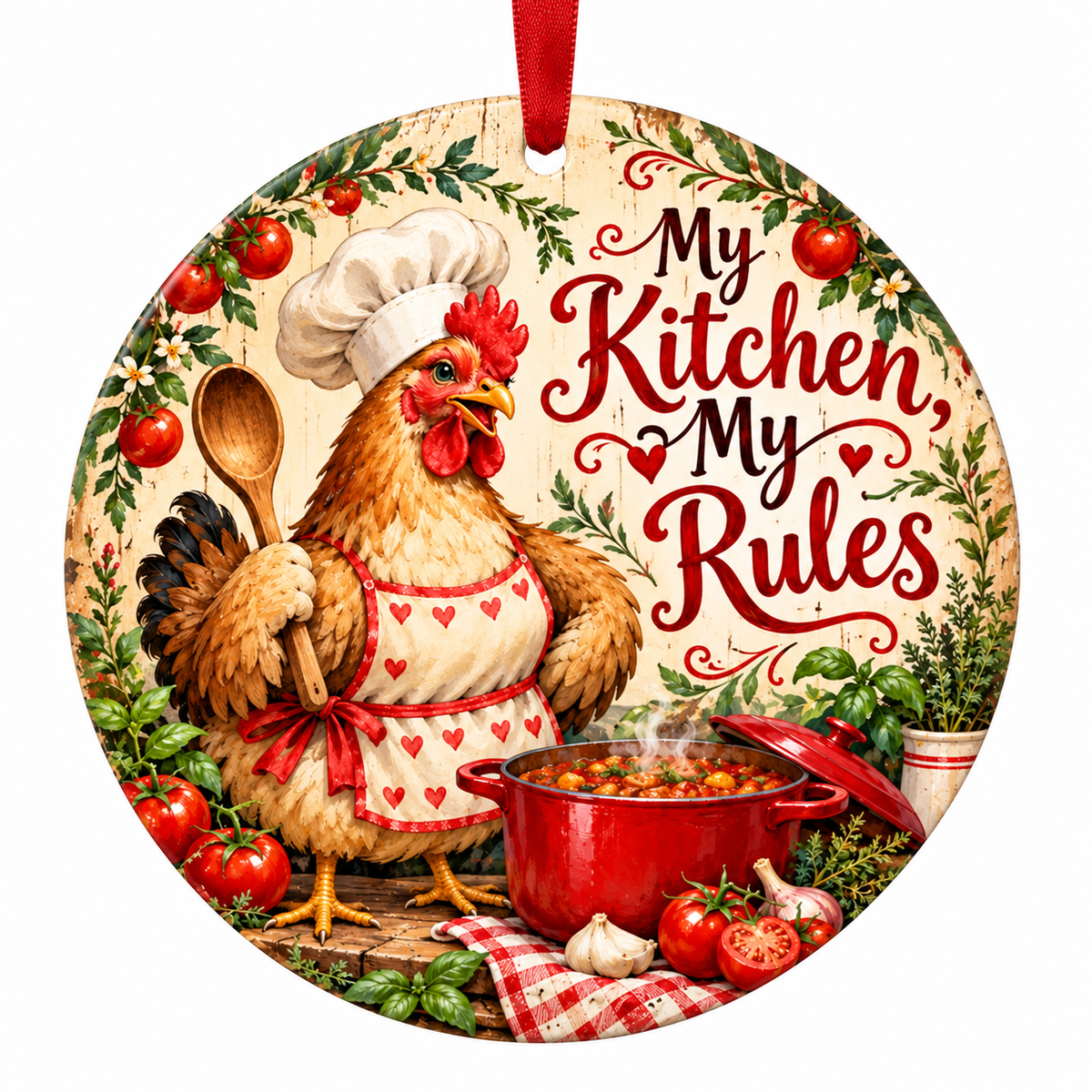 My Kitchen My Rules Funny Chef Hen Christmas Ornament with red hanging ribbon