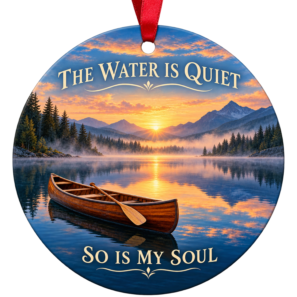 A wooden canoe rests on a still mountain lake beneath a glowing sunrise. Round ornament with red hanging ribbon.