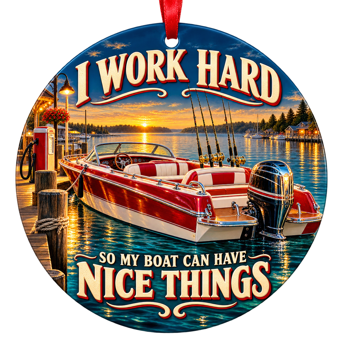 A polished red-and-white motorboat sits beside a marina dock in golden evening light. Round ornament with red hanging ribbon.