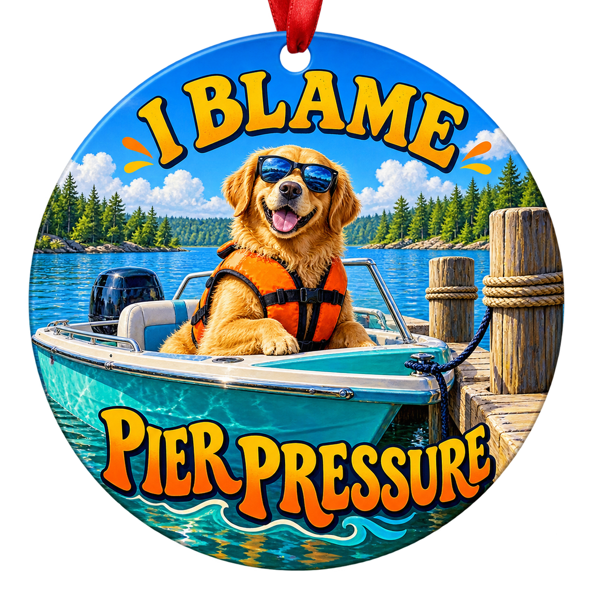 A golden retriever in sunglasses and an orange life jacket sits in a turquoise boat beside a pier. Round ornament with red hanging ribbon.