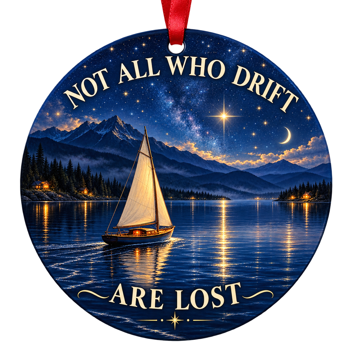 An ivory-sailed boat glides across a deep-blue lake beneath stars and a crescent moon. Round ornament with red hanging ribbon.