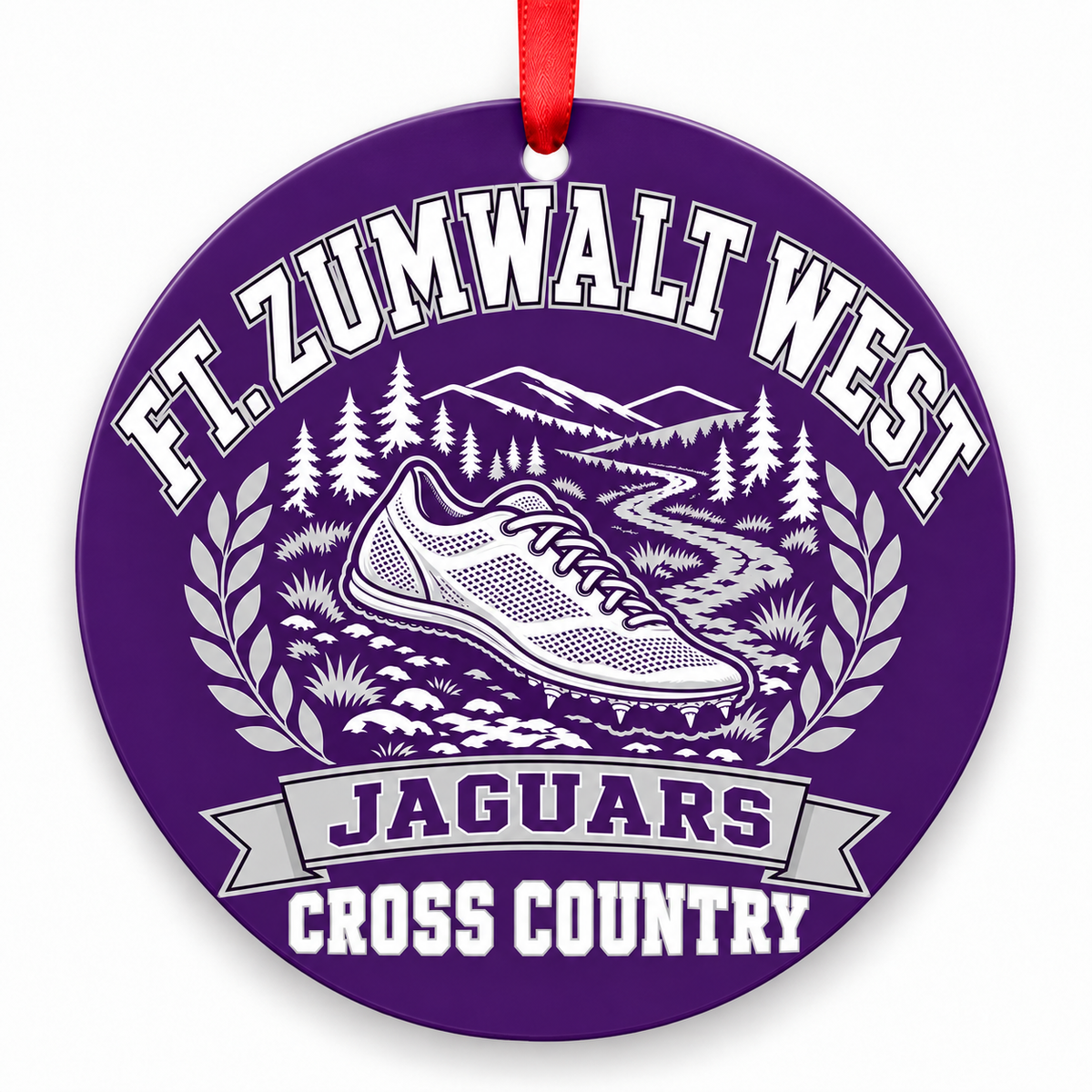 Ft. Zumwalt West High School Jaguars Cross Country Christmas ornament — Design 1 — purple, silver and black with red ribbon