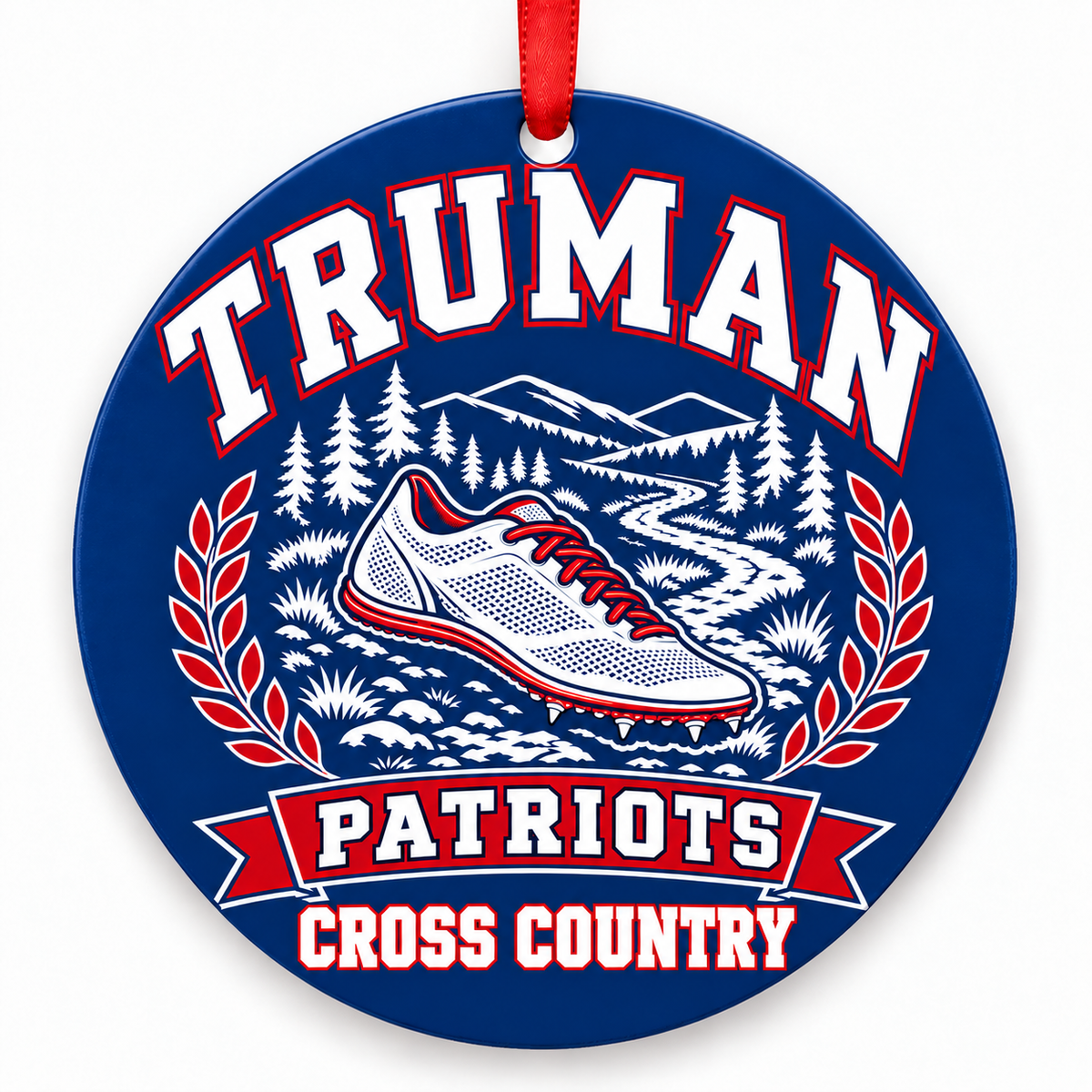Truman High School Patriots Cross Country Christmas ornament — Design 1 — red, white and blue with red ribbon