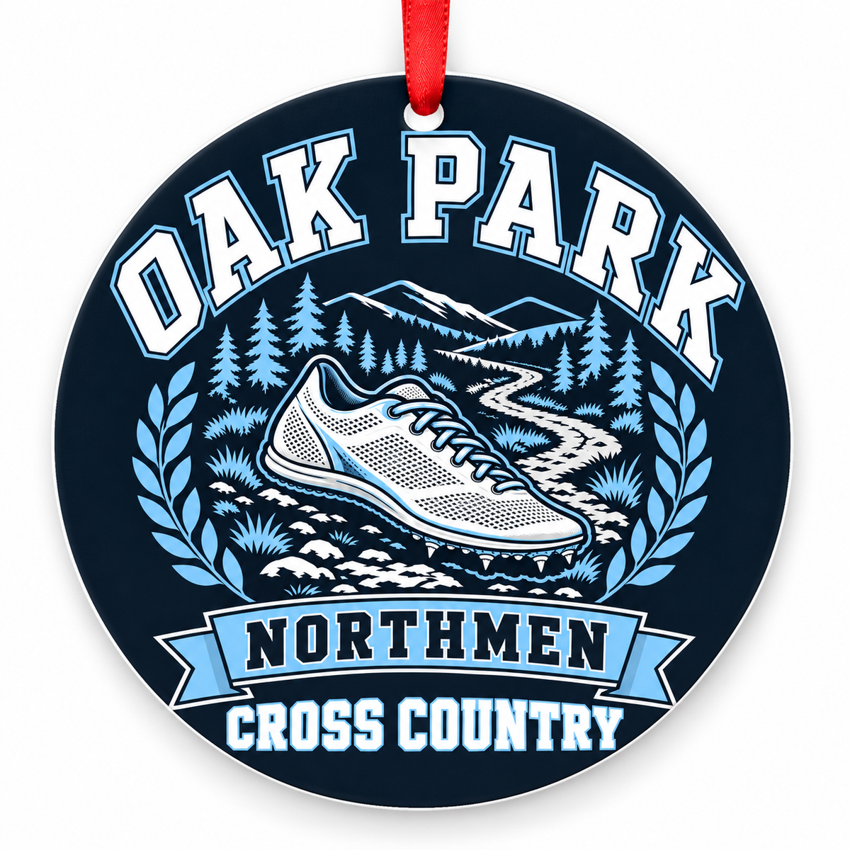 Oak Park High School Northmen Cross Country Christmas ornament — Design 1 — navy, Columbia blue, white and silver with red ribbon