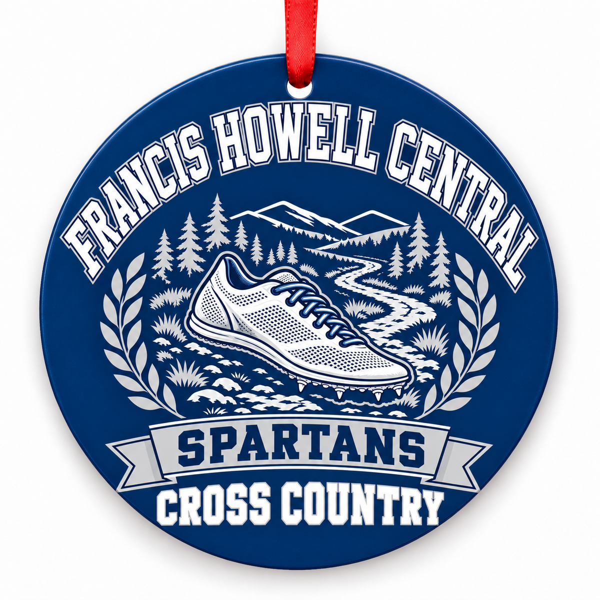 Francis Howell Central High School Spartans Cross Country Christmas ornament — Design 1 — navy blue and silver with red ribbon