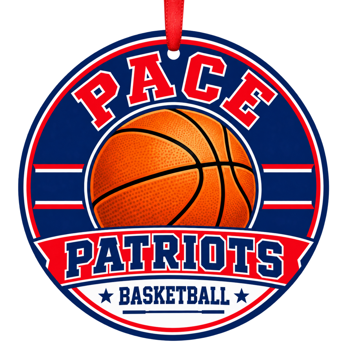 PACE HIGH SCHOOL Patriots basketball ornament in verified official palette: red, white, blue. official named colors; no numeric codes published with a red ribbon, PACE FL