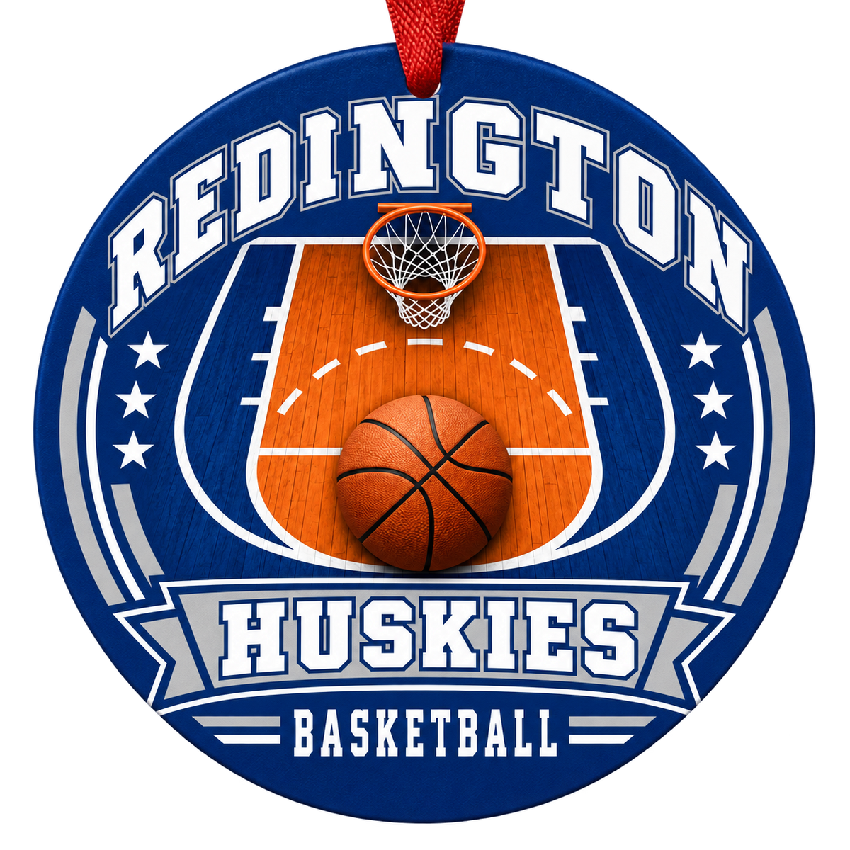Redington Huskies basketball court design Christmas ornament in blue and silver for Joe Redington Senior Jr/Sr High School, Wasilla, Alaska