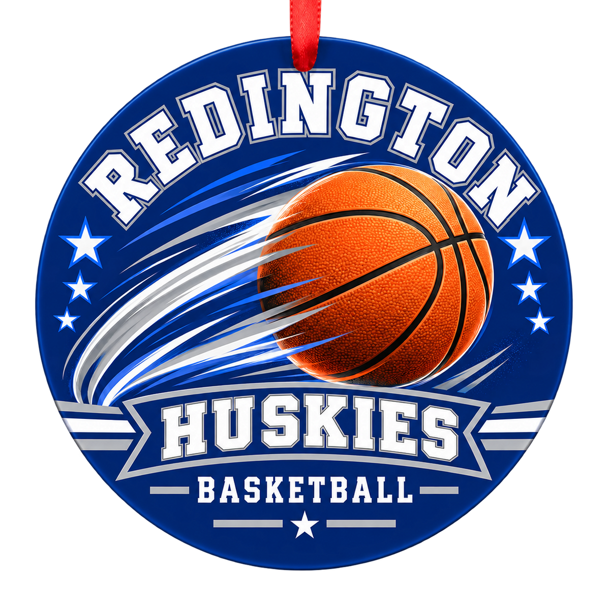 Redington Huskies basketball motion design Christmas ornament in blue and silver for Joe Redington Senior Jr/Sr High School, Wasilla, Alaska