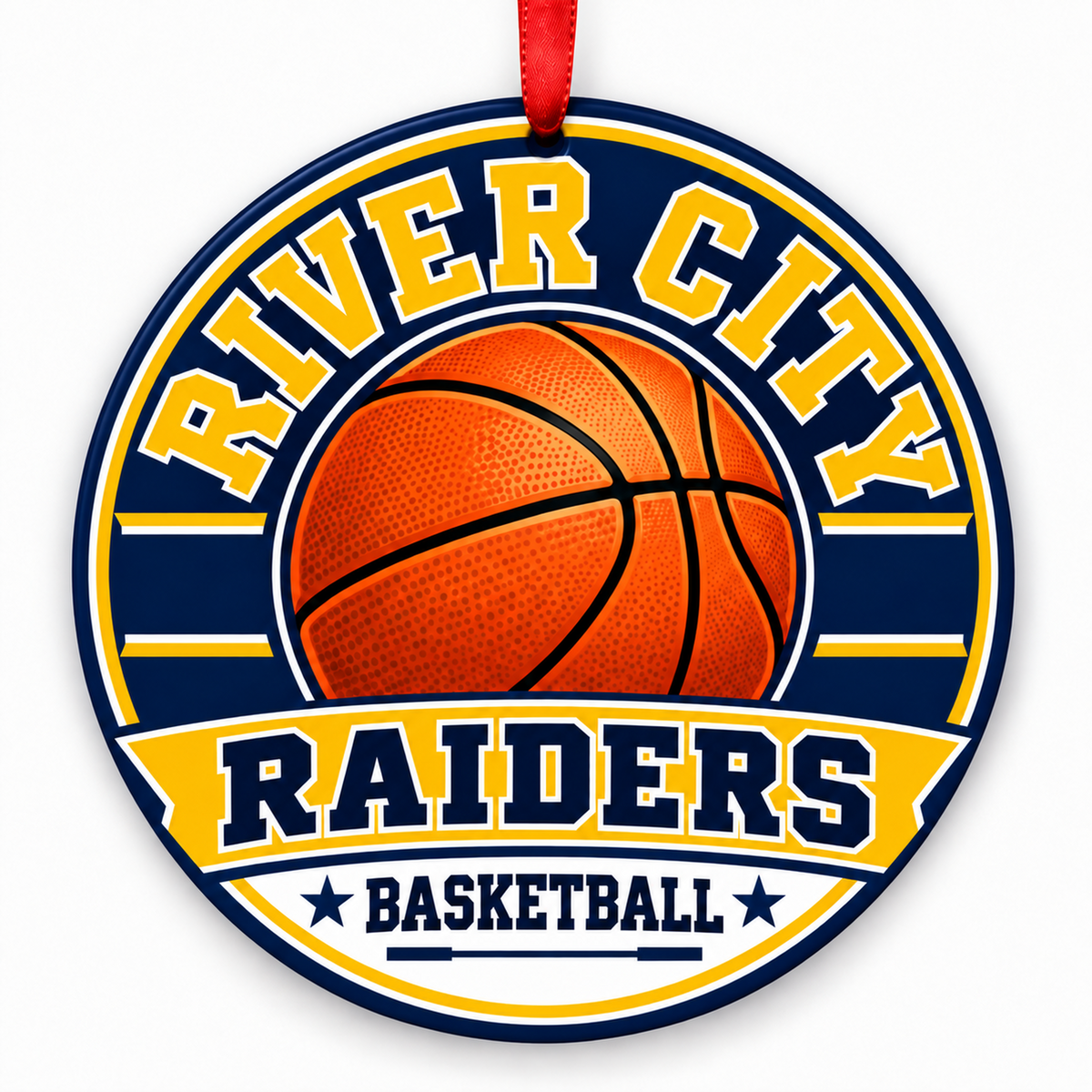 River City High Raiders basketball Christmas ornament in navy, gold, and white