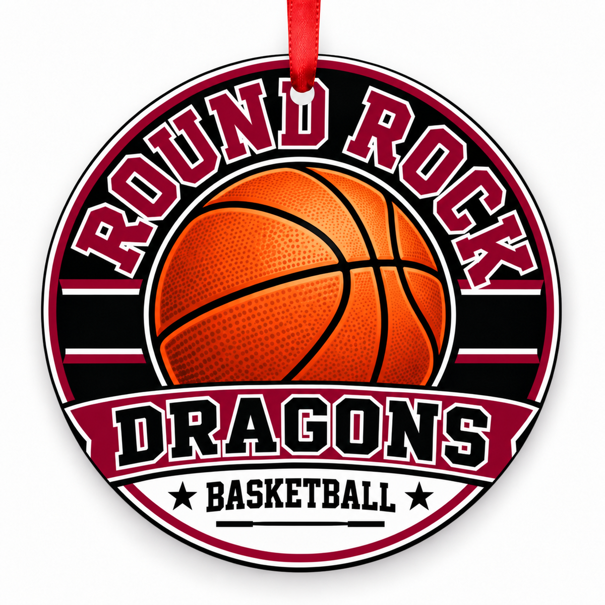 Round Rock High School Dragons basketball Christmas ornament in maroon and white with red ribbon, Round Rock, Texas