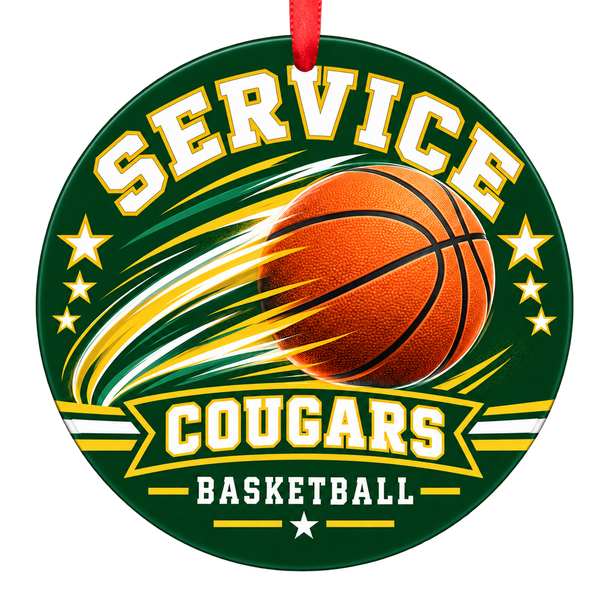 Service Cougars basketball motion design Christmas ornament in green and gold for Service High School, Anchorage, Alaska