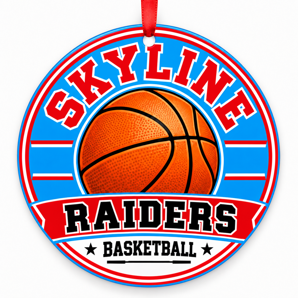 Skyline High School Raiders basketball ornament in red and Columbia blue, Dallas, Texas