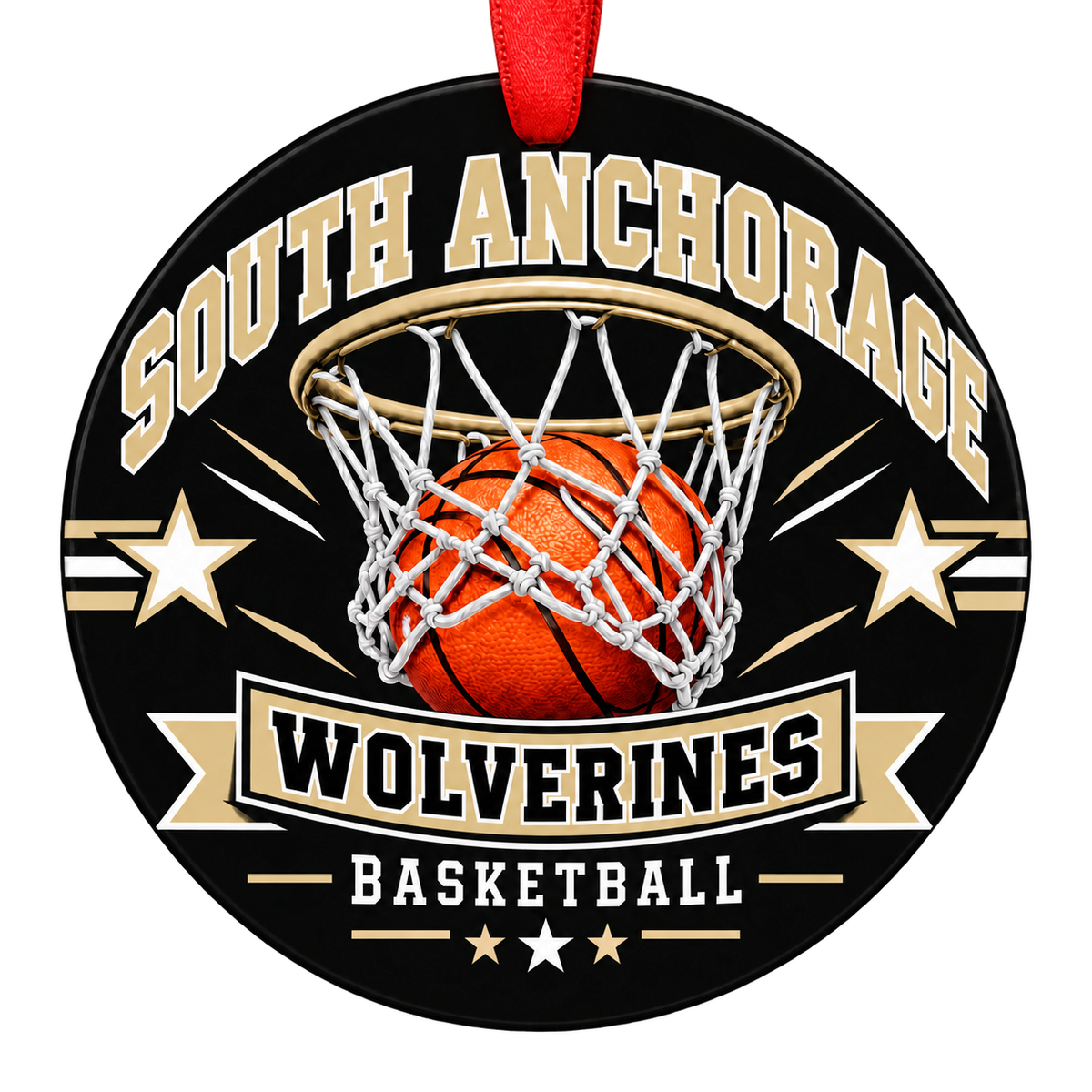 South Anchorage Wolverines basketball hoop design Christmas ornament in black and vegas gold for South Anchorage High School, Anchorage, Alaska