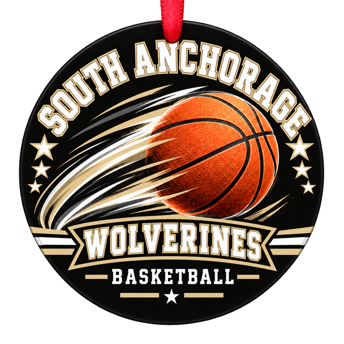 South Anchorage Wolverines basketball motion design Christmas ornament in black and vegas gold for South Anchorage High School, Anchorage, Alaska