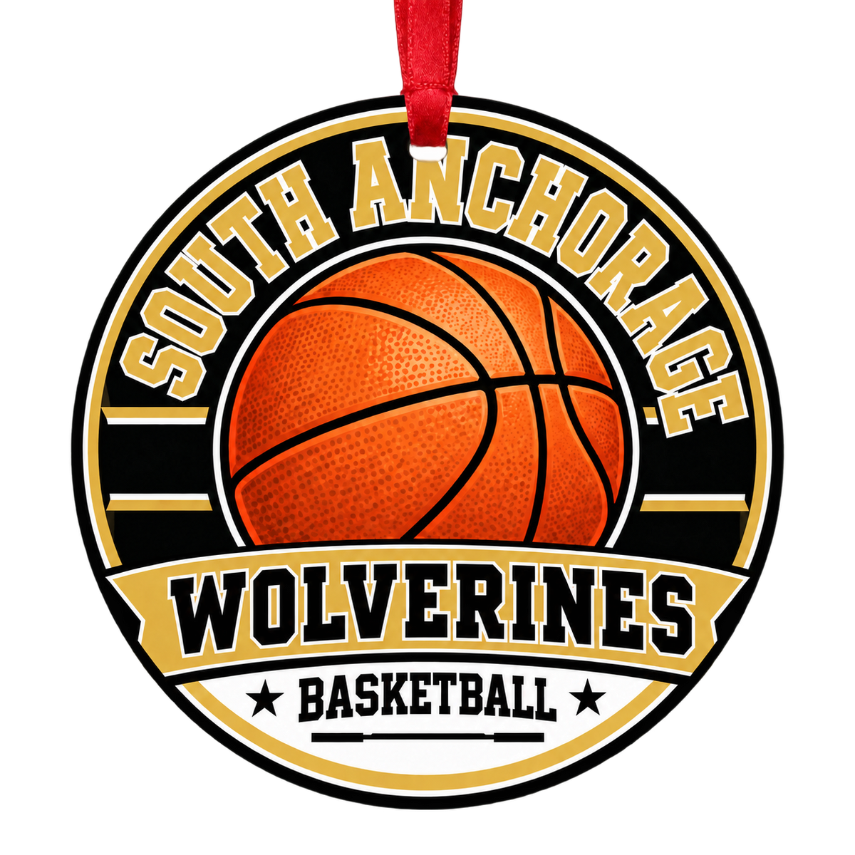 South Anchorage High School Wolverines basketball ornament in black and Vegas gold with red ribbon through a plain hanging hole