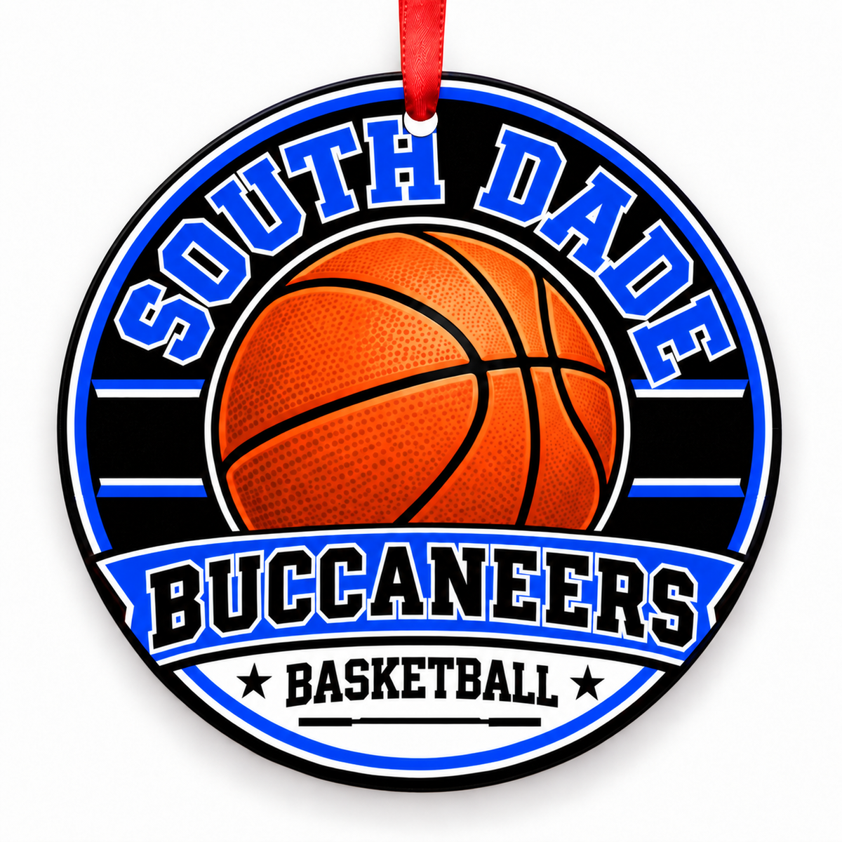 South Dade Senior High School Buccaneers basketball Christmas ornament in royal blue, white and black with red ribbon, Homestead, Florida