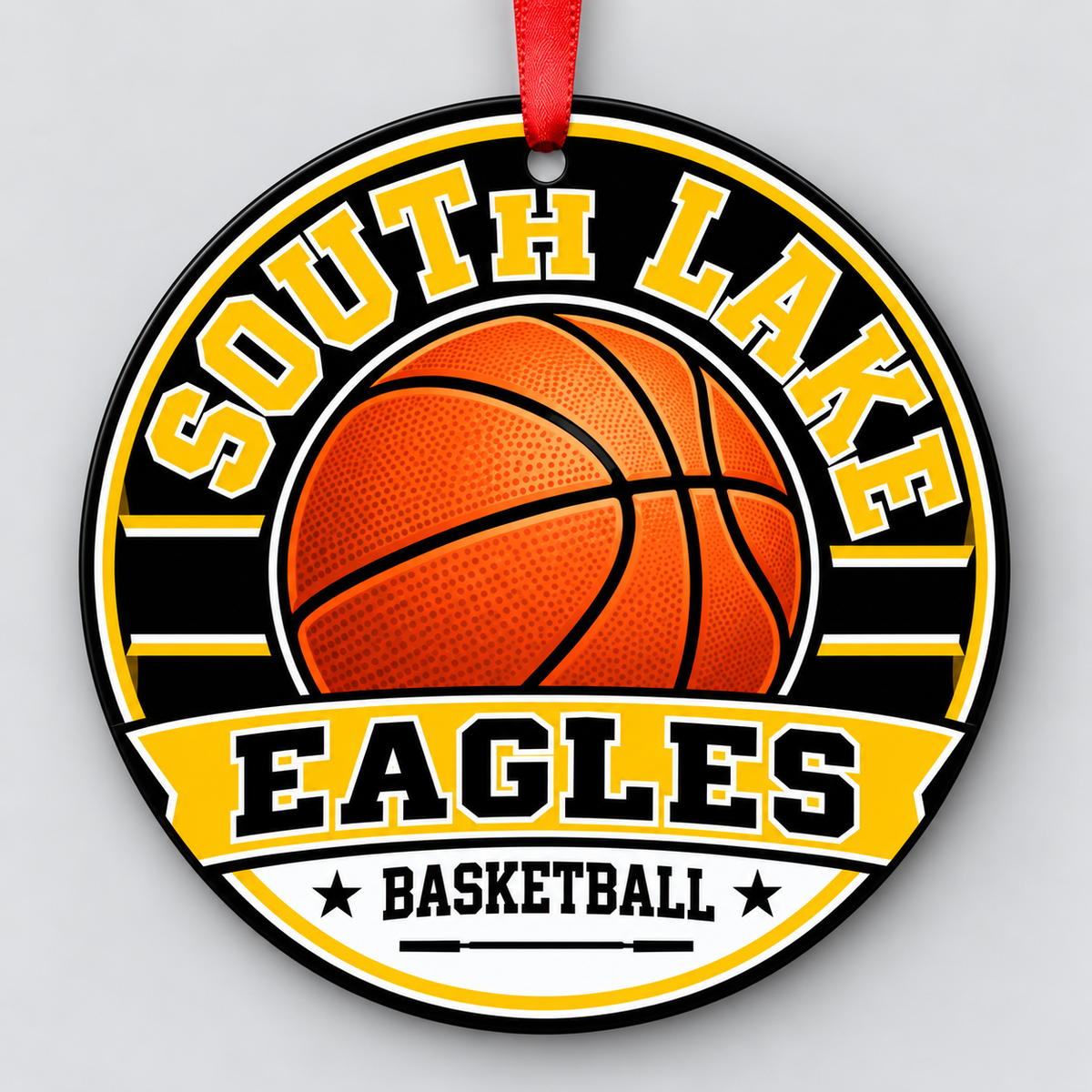 South Lake High School Eagles basketball ornament in black, gold, and white with a red ribbon, Groveland Florida