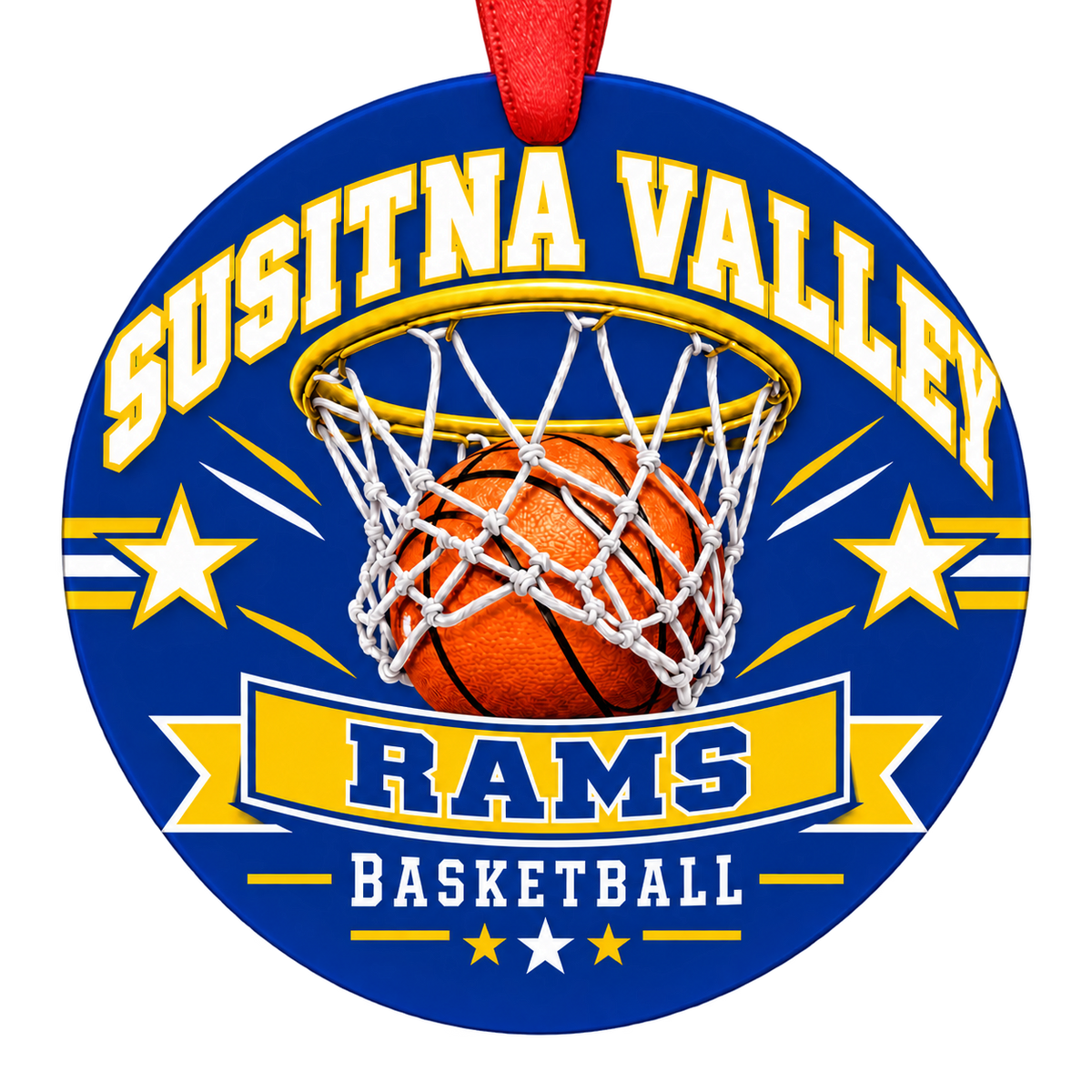 Susitna Valley High Rams basketball Christmas ornament, Hoop design in Blue, Gold with red hanging ribbon