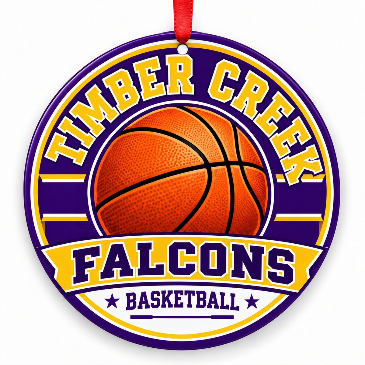 Timber Creek High School Falcons basketball Christmas ornament in purple and gold with red ribbon, Fort Worth, Texas