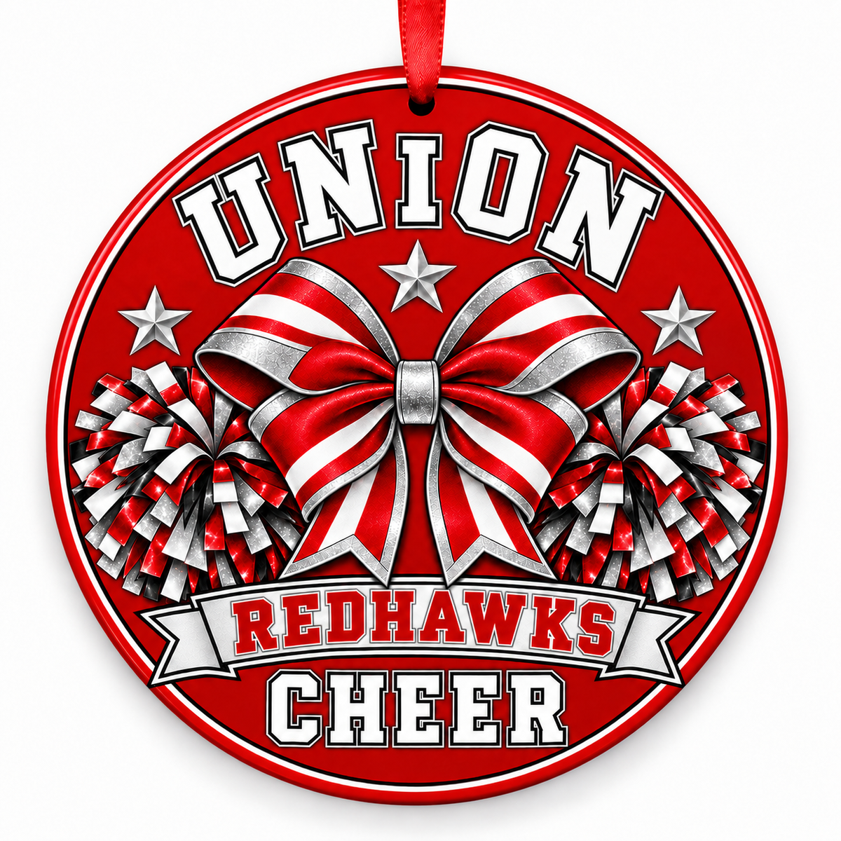 Union High School Redhawks cheer Christmas ornament — Bow and Pom-Poms