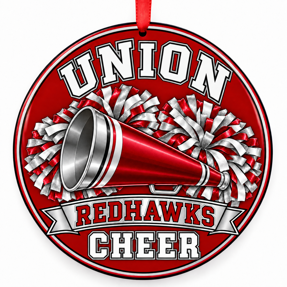 Union High School Redhawks cheer Christmas ornament — Megaphone and Pom-Poms
