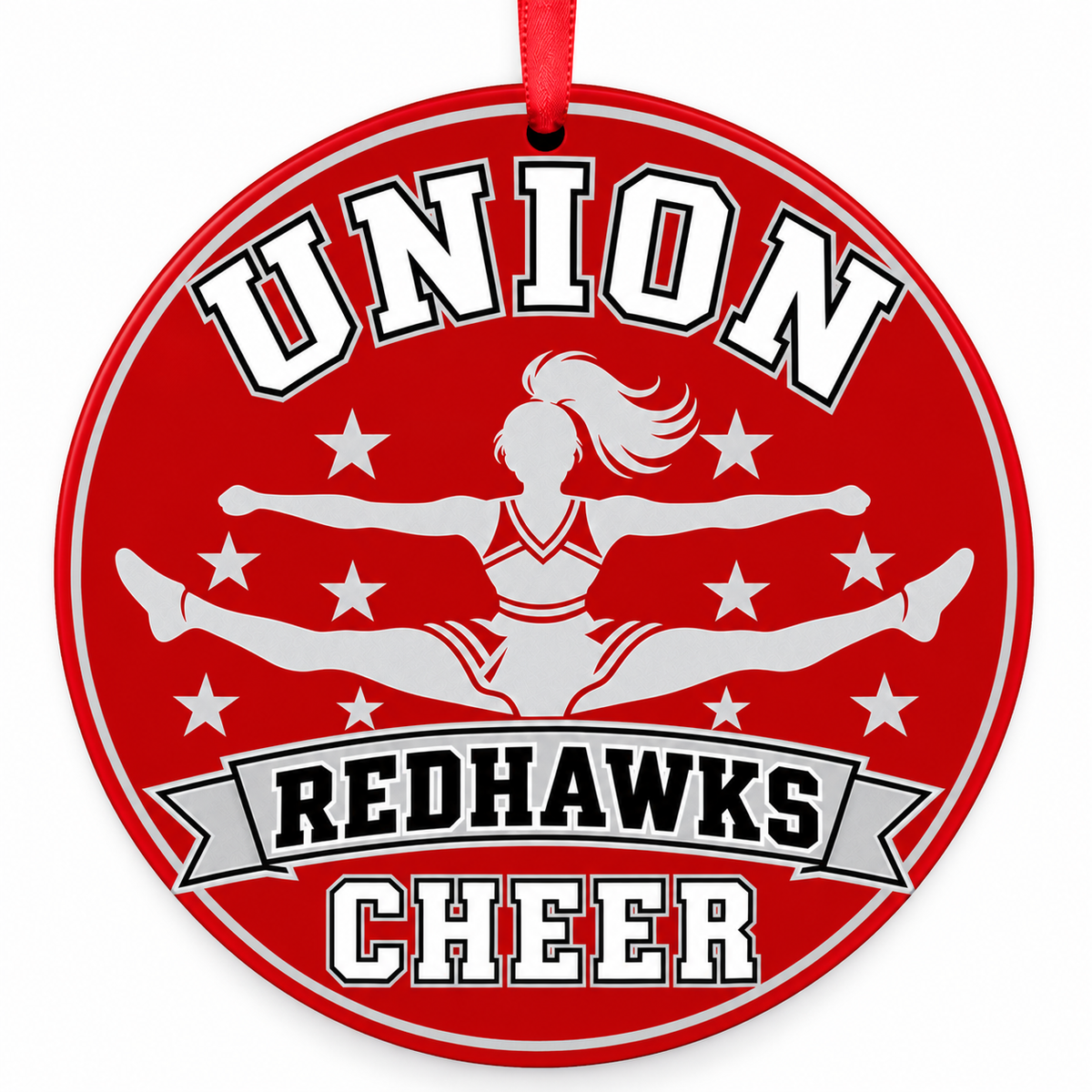 Union High School Redhawks cheer Christmas ornament — Toe-Touch Jump
