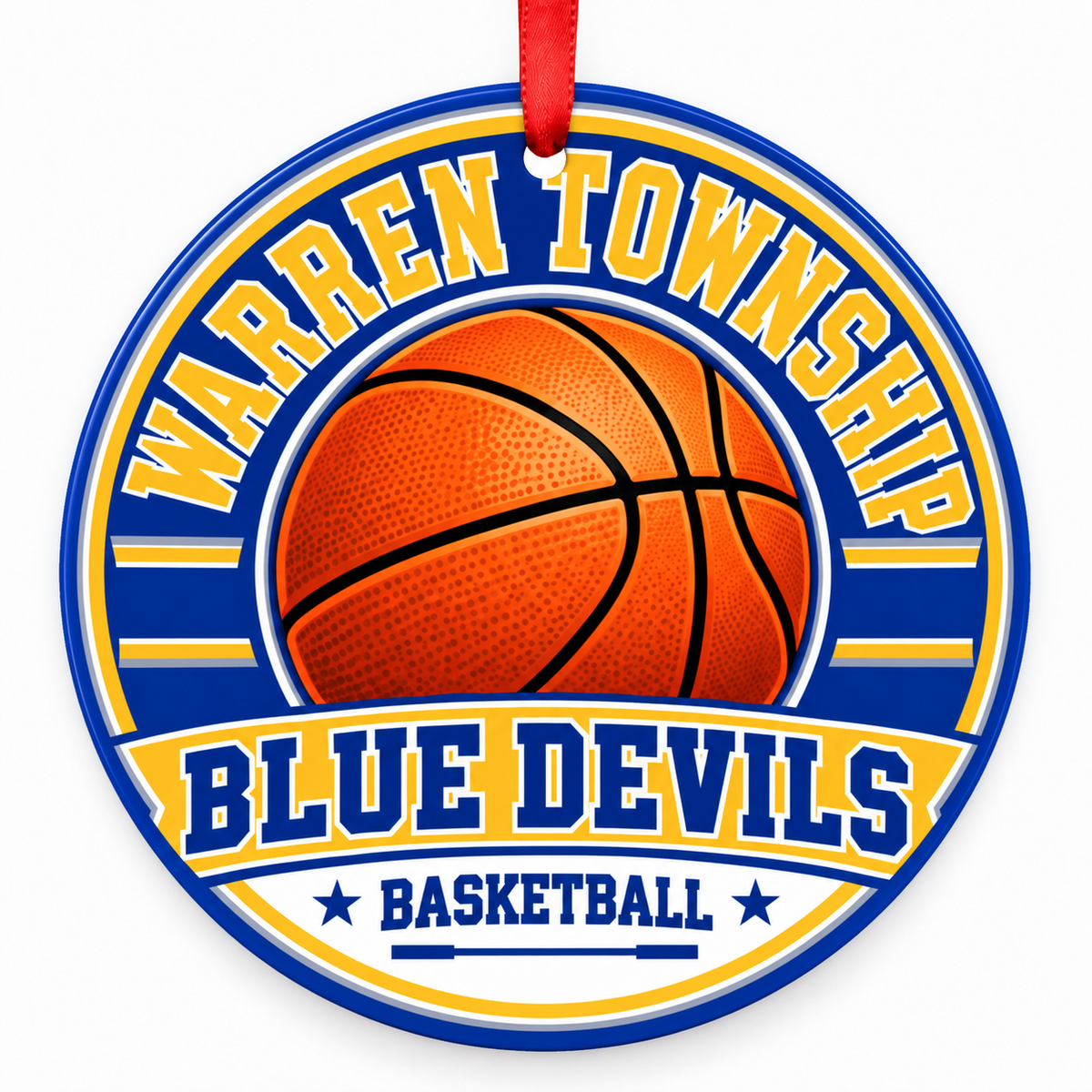 Warren Township High School Blue Devils basketball Christmas ornament in blue, gold and gray with red ribbon, Gurnee, Illinois
