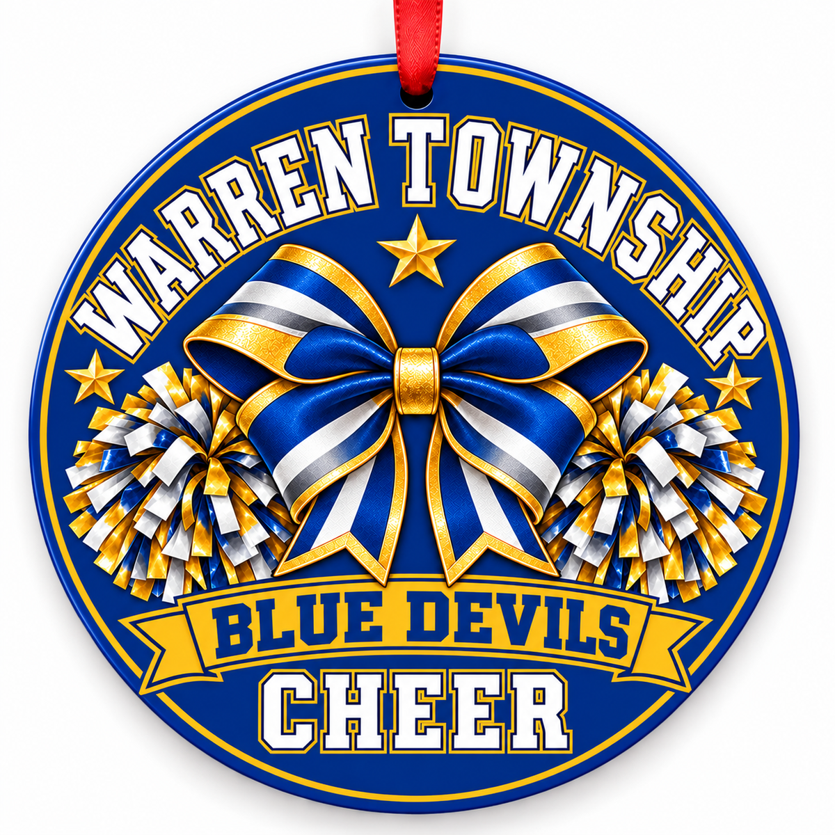 Warren Township High School Blue Devils cheer Christmas ornament — Bow and Pom-Poms