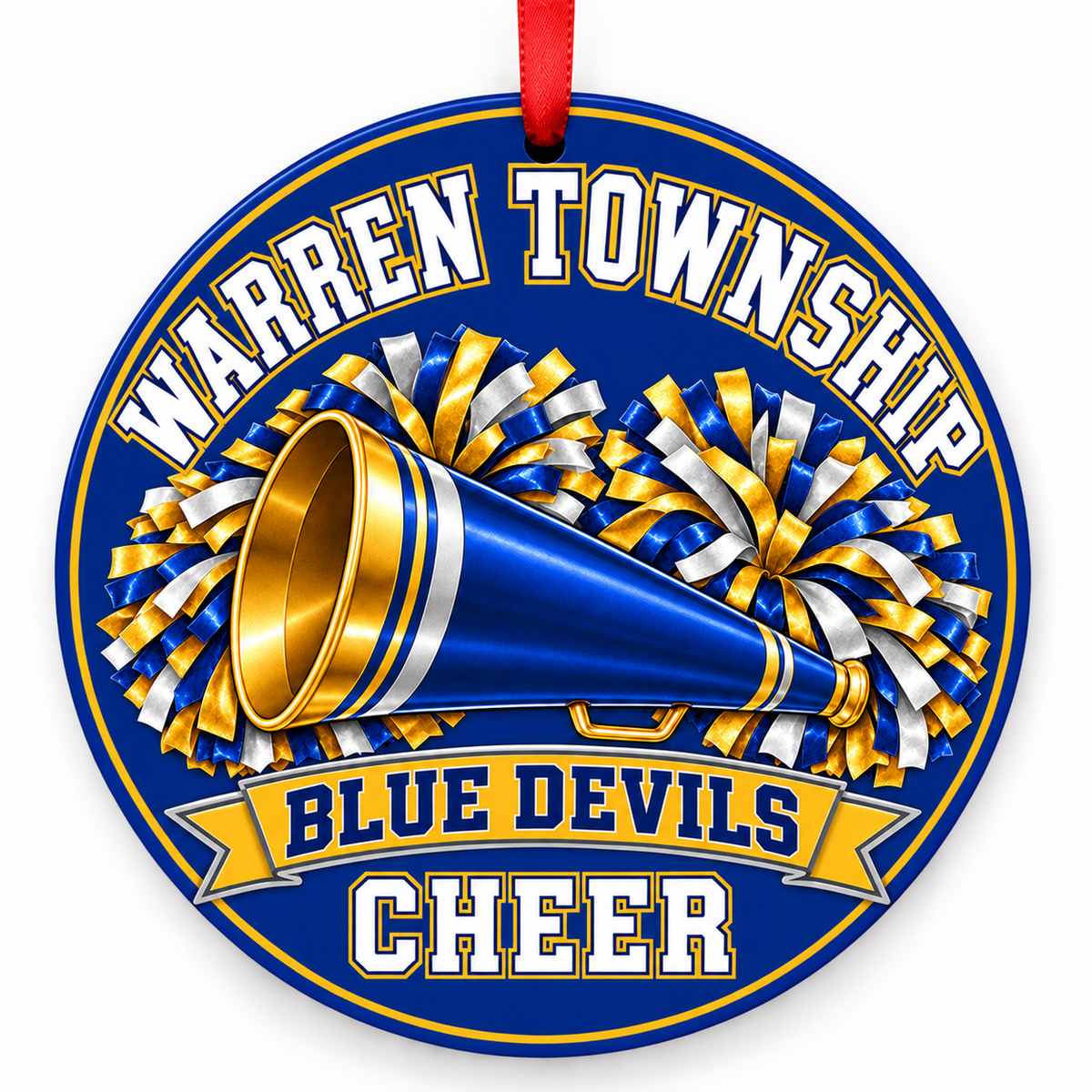 Warren Township High School Blue Devils cheer Christmas ornament — Megaphone and Pom-Poms