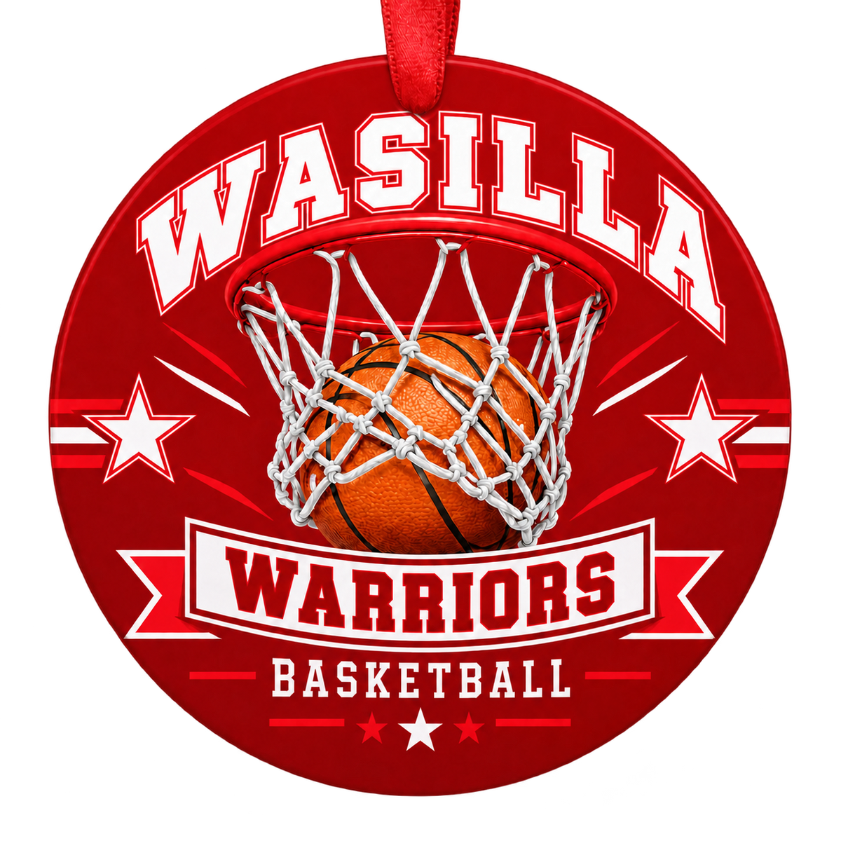 Wasilla Warriors basketball hoop design Christmas ornament in red and white for Wasilla High School, Wasilla, Alaska