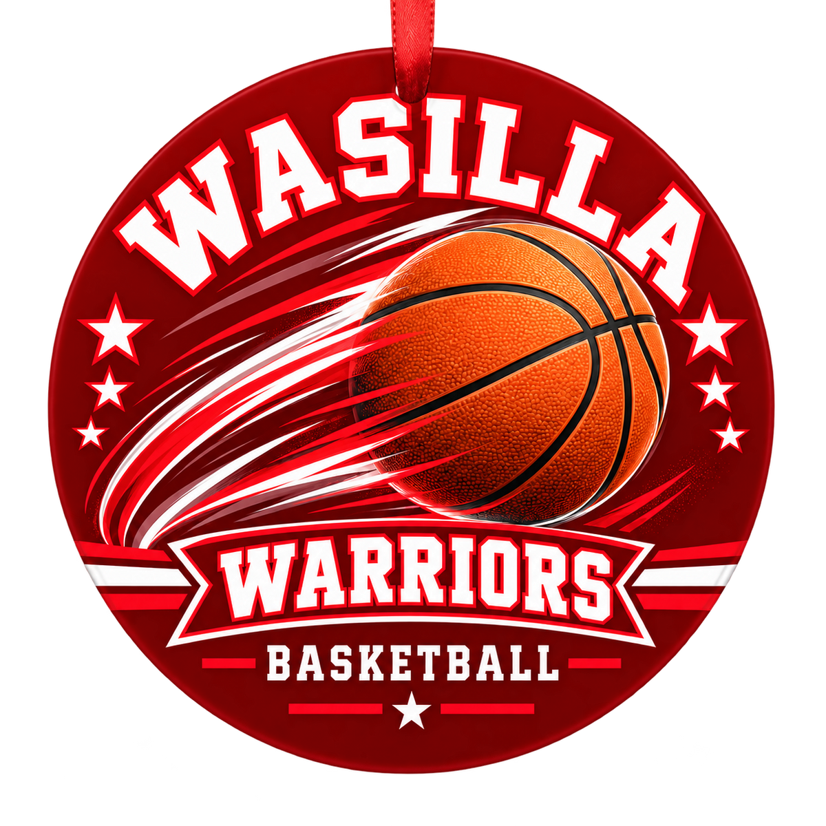 Wasilla Warriors basketball motion design Christmas ornament in red and white for Wasilla High School, Wasilla, Alaska