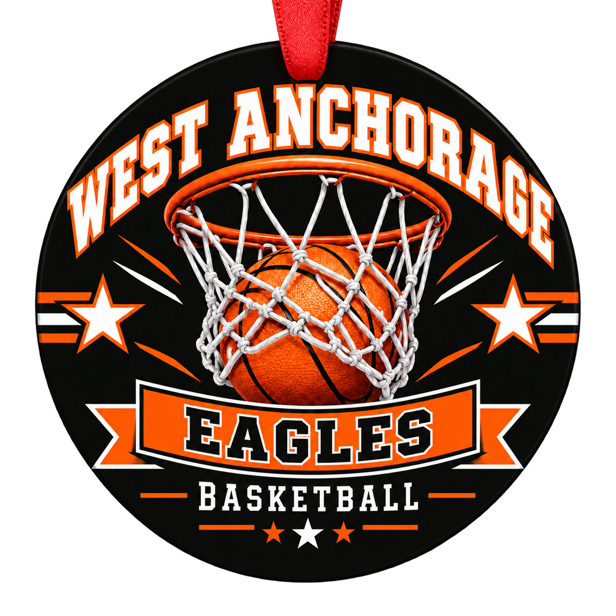 West Anchorage Eagles basketball hoop design Christmas ornament in orange and black for West High School, Anchorage, Alaska