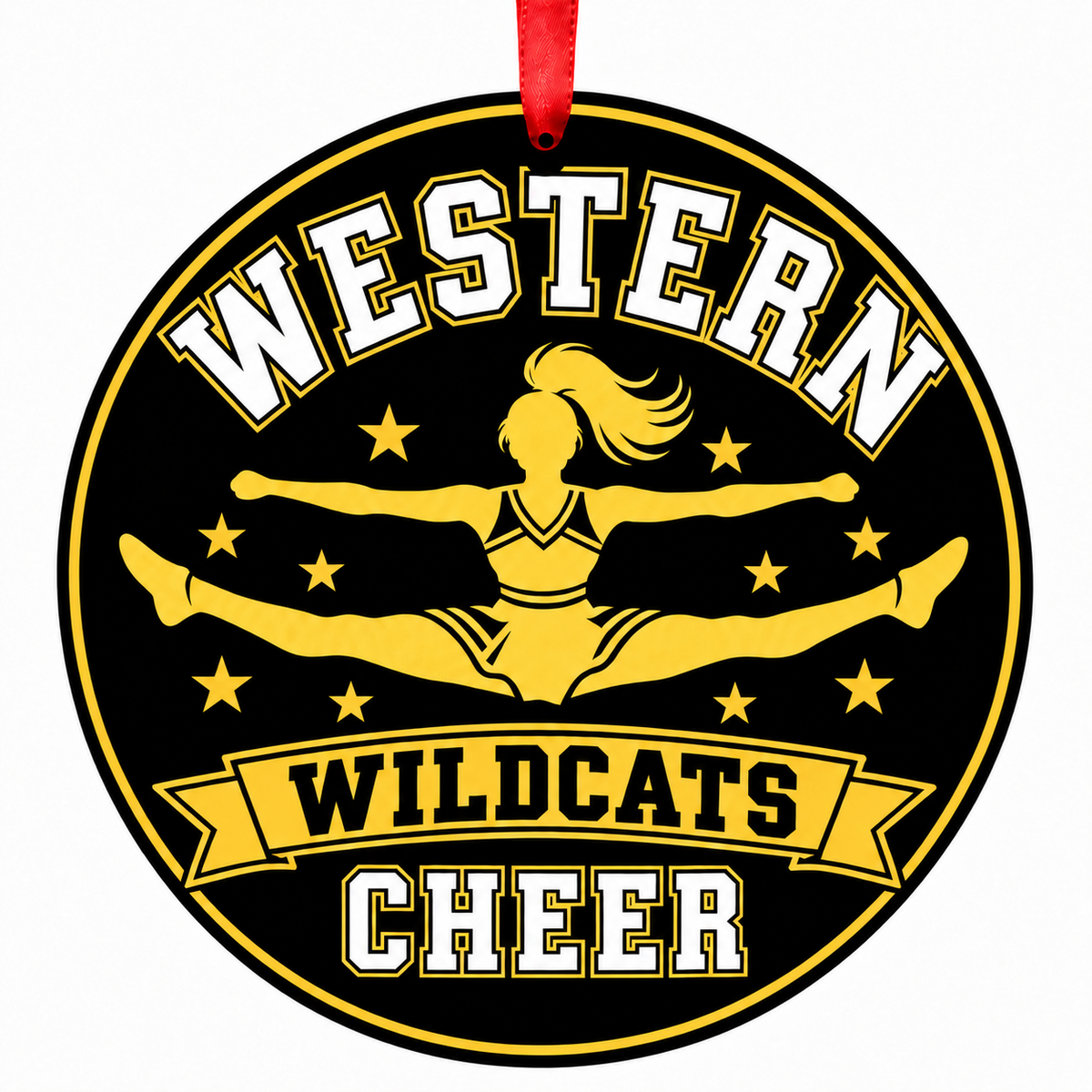 Western High School Wildcats cheer toe-touch jump Christmas ornament in black, Vegas gold, and white with red ribbon
