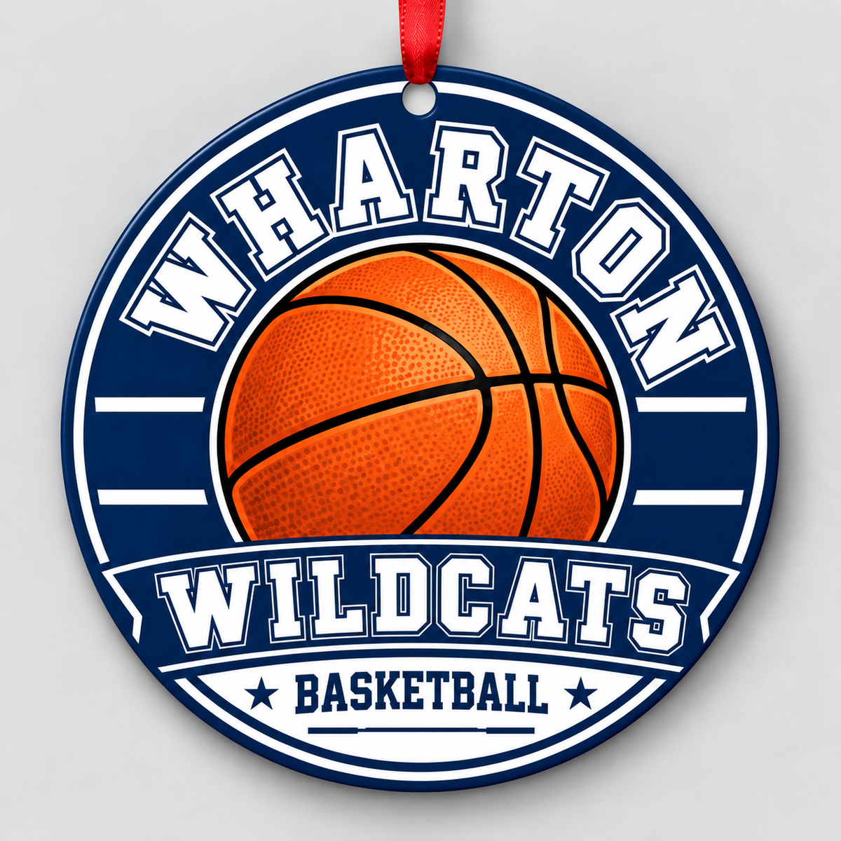 Wharton High School Wildcats basketball ornament in navy blue and white with a red ribbon, Tampa Florida