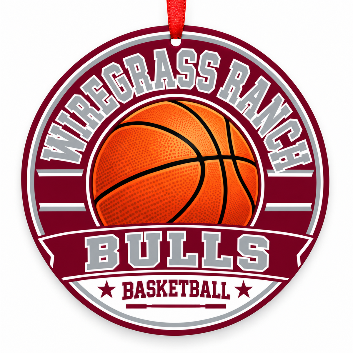 WIREGRASS RANCH HIGH SCHOOL Bulls basketball ornament in maroon; silver; white with a red ribbon, WESLEY CHAPEL FL