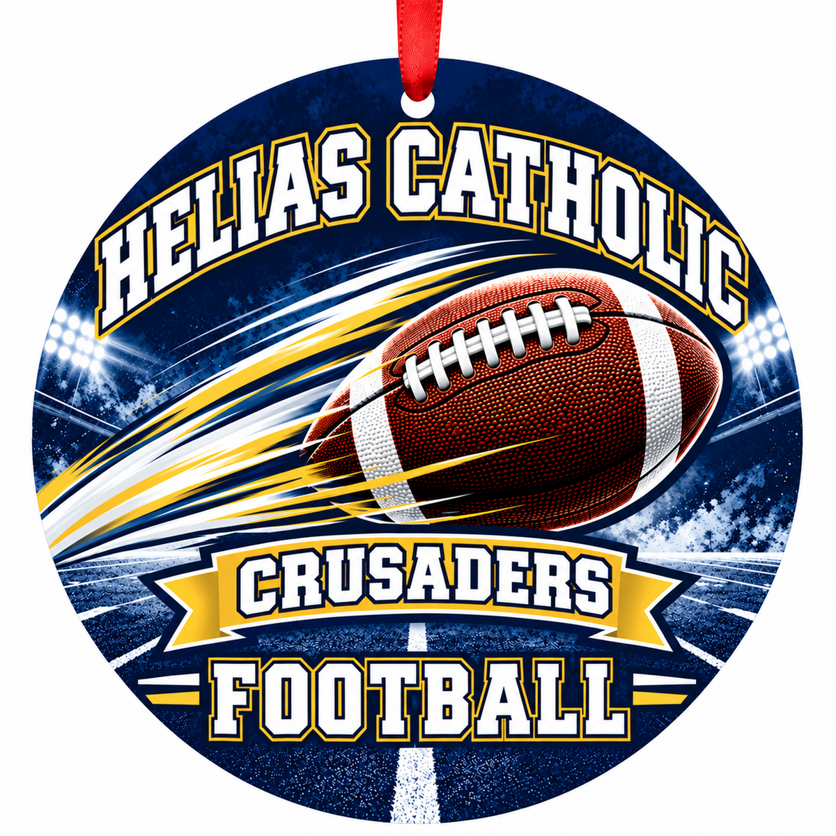 Helias Catholic High School Crusaders Football in Motion flat round 3-inch ornament