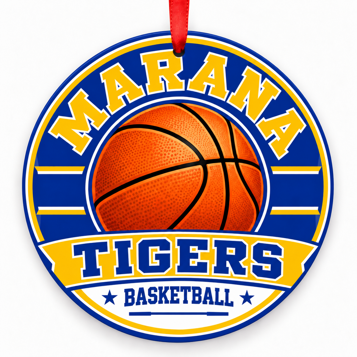 Marana High School Tigers basketball round Christmas ornament with red ribbon