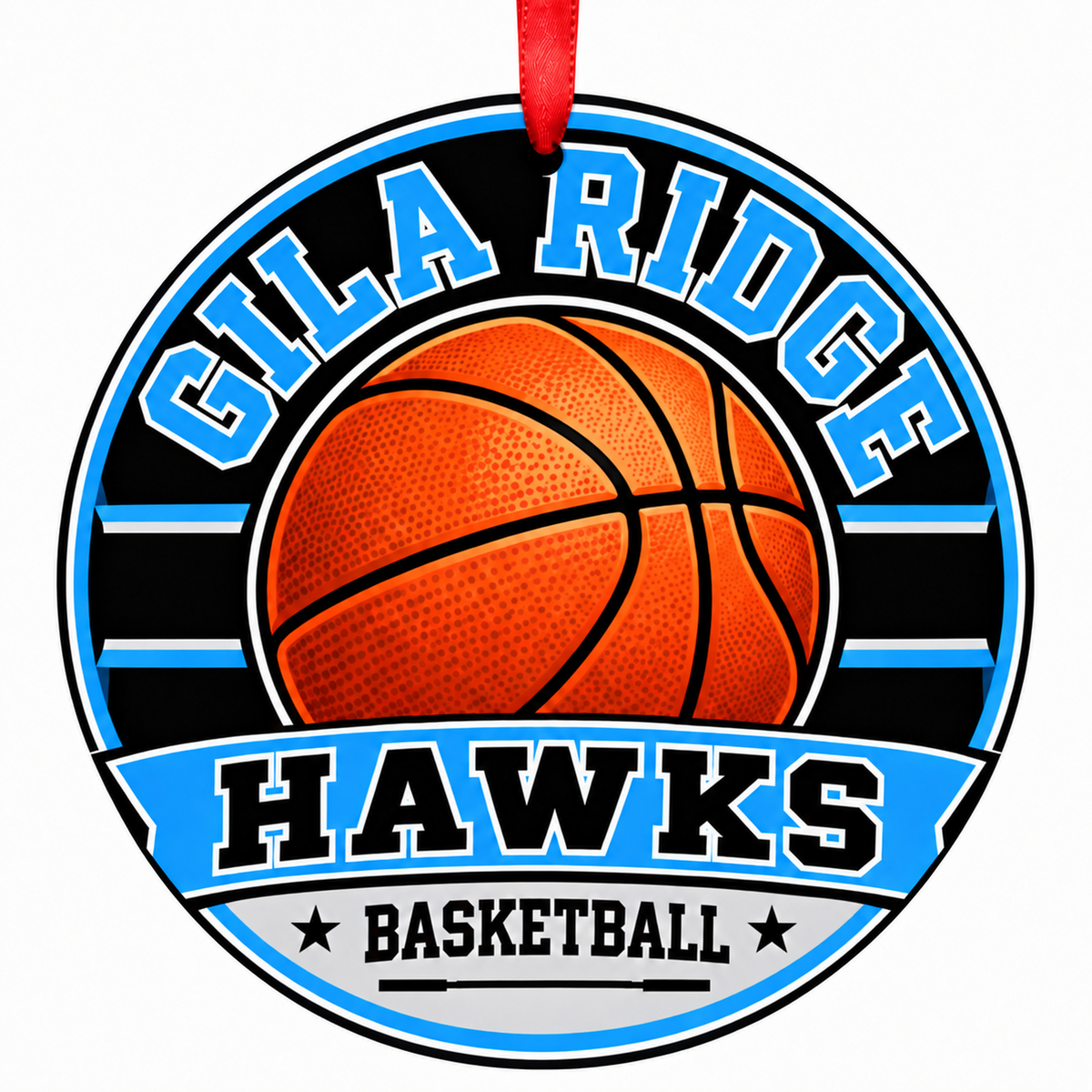 Gila Ridge High School Hawks basketball round Christmas ornament with red ribbon