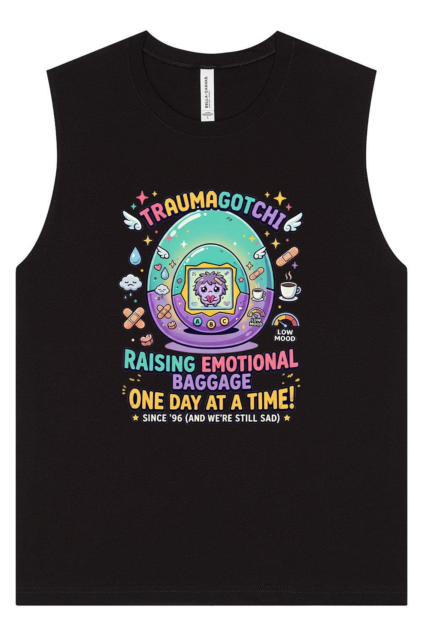 The image is a black tank top with a colorful graphic design featuring a character and various objects, including a bag, a cup, and a rainbow. The text on the tank top reads "Trauma gotcha! Raising emotional baggage one day at a time!" and "Since 1996 (and we're still sad)."