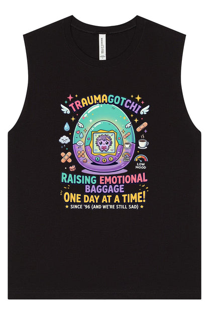 The image is a black tank top with a colorful graphic design featuring a character and various objects, including a bag, a cup, and a rainbow. The text on the tank top reads "Trauma gotcha! Raising emotional baggage one day at a time!" and "Since 1996 (and we're still sad)."