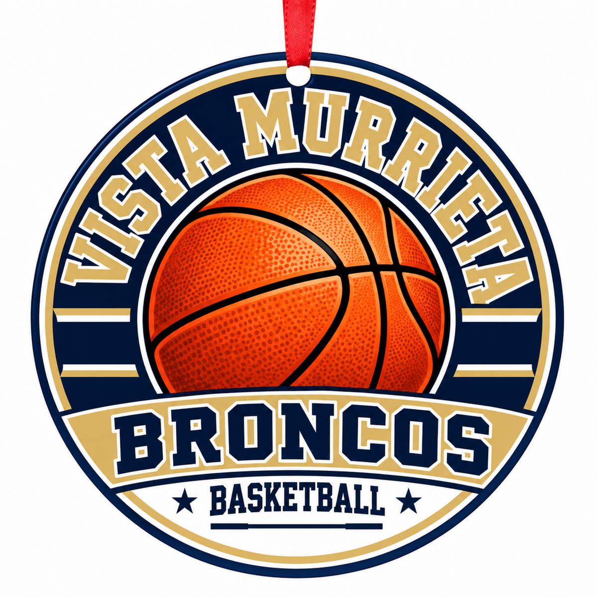 Vista Murrieta High Broncos basketball ornament in Navy Blue; Vegas Gold | Official color names; numeric codes not established; no guessed hex values., Murrieta California