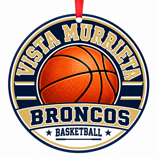 Vista Murrieta High Broncos basketball ornament in Navy Blue; Vegas Gold | Official color names; numeric codes not established; no guessed hex values., Murrieta California