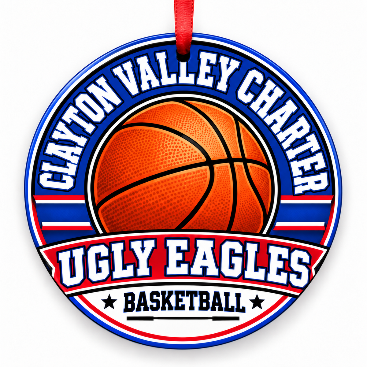 Clayton Valley Charter High School Ugly Eagles basketball round Christmas ornament with red ribbon