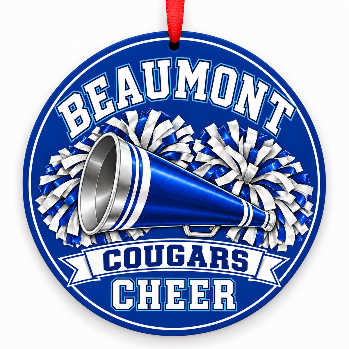 Beaumont Senior High Cougars cheer megaphone and pom-poms Christmas ornament with red ribbon