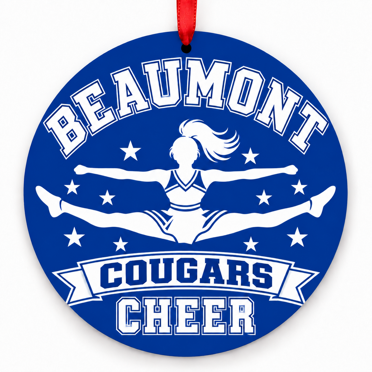 Beaumont Senior High Cougars cheer toe-touch jump Christmas ornament with red ribbon